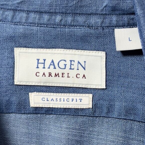 Hagen Carmel CA Chambray Denim Button Up Shirt Mens Sz L Blue Long Sleeve - Picture 5 of 10
